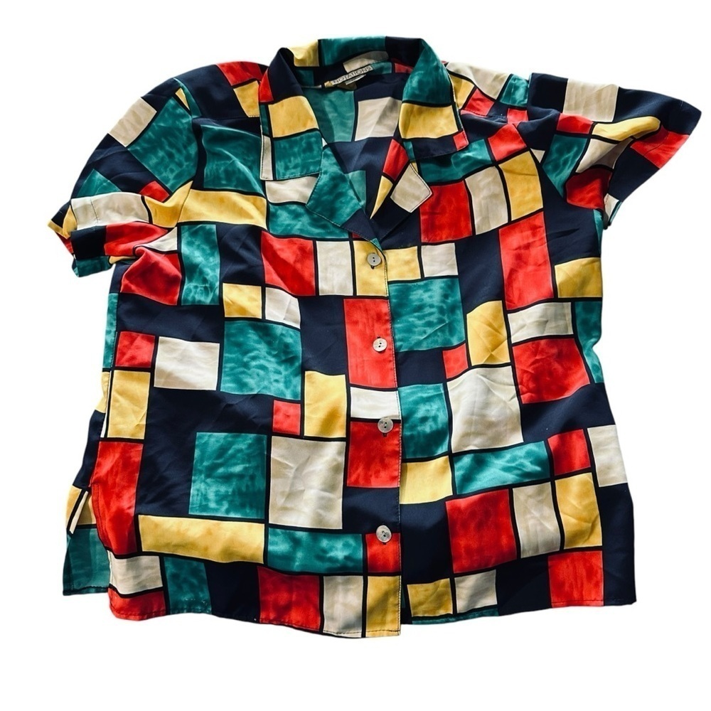 Notations vintage women's side 14 button down, geometric blouse